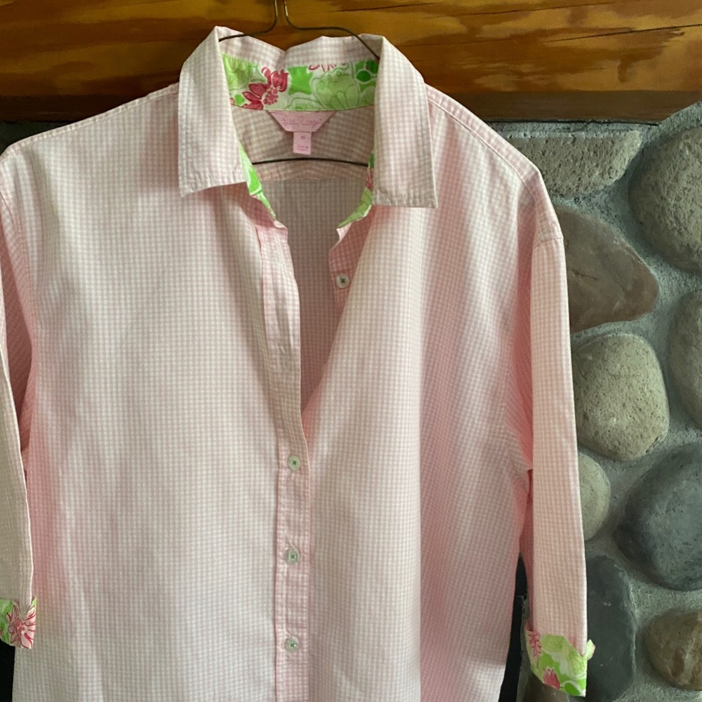 Pink check w/tropical print cuff detail tunic or mini dress